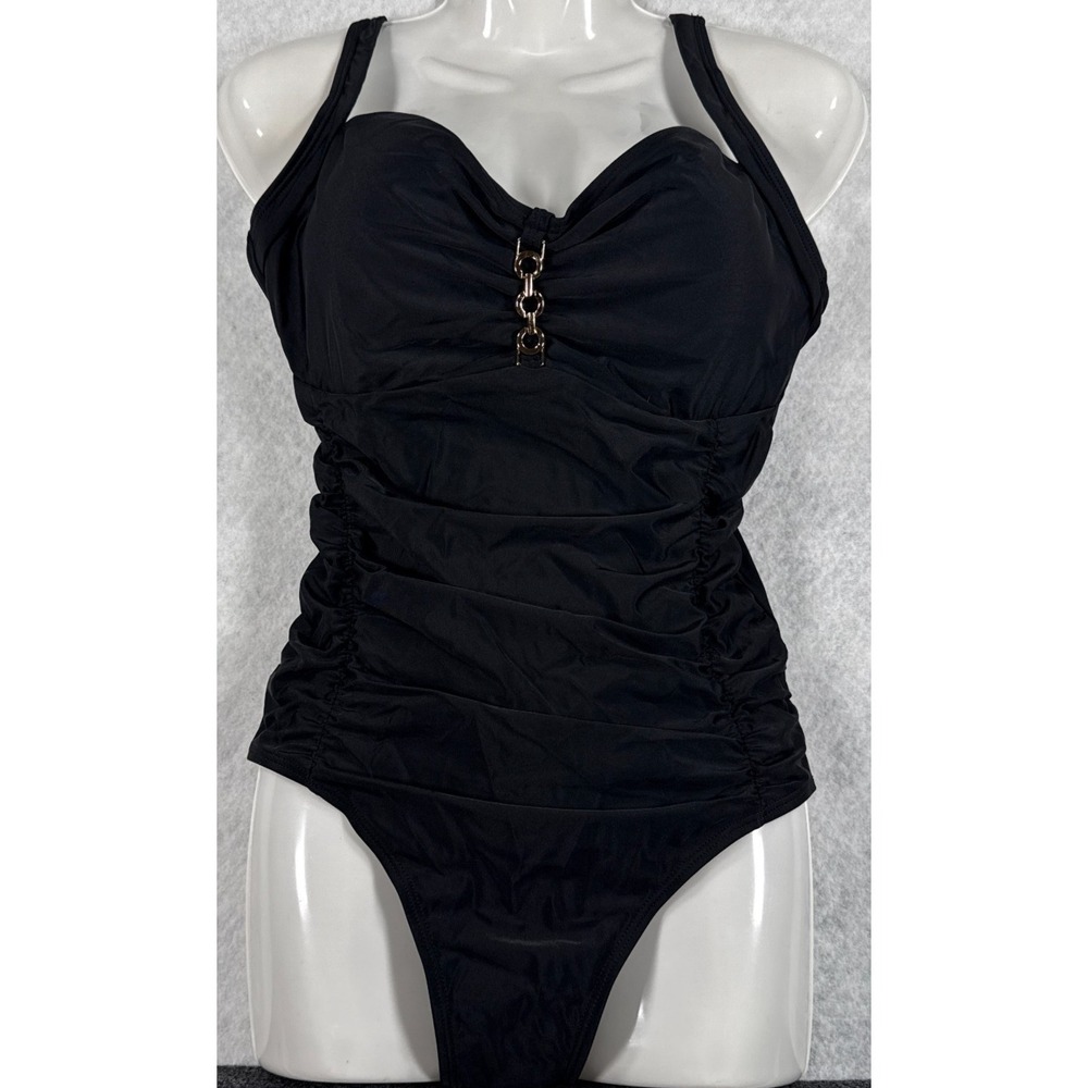 Womens Large Black Ruched Tummy Control Ring Detail One Piece Swimsuit NWOT